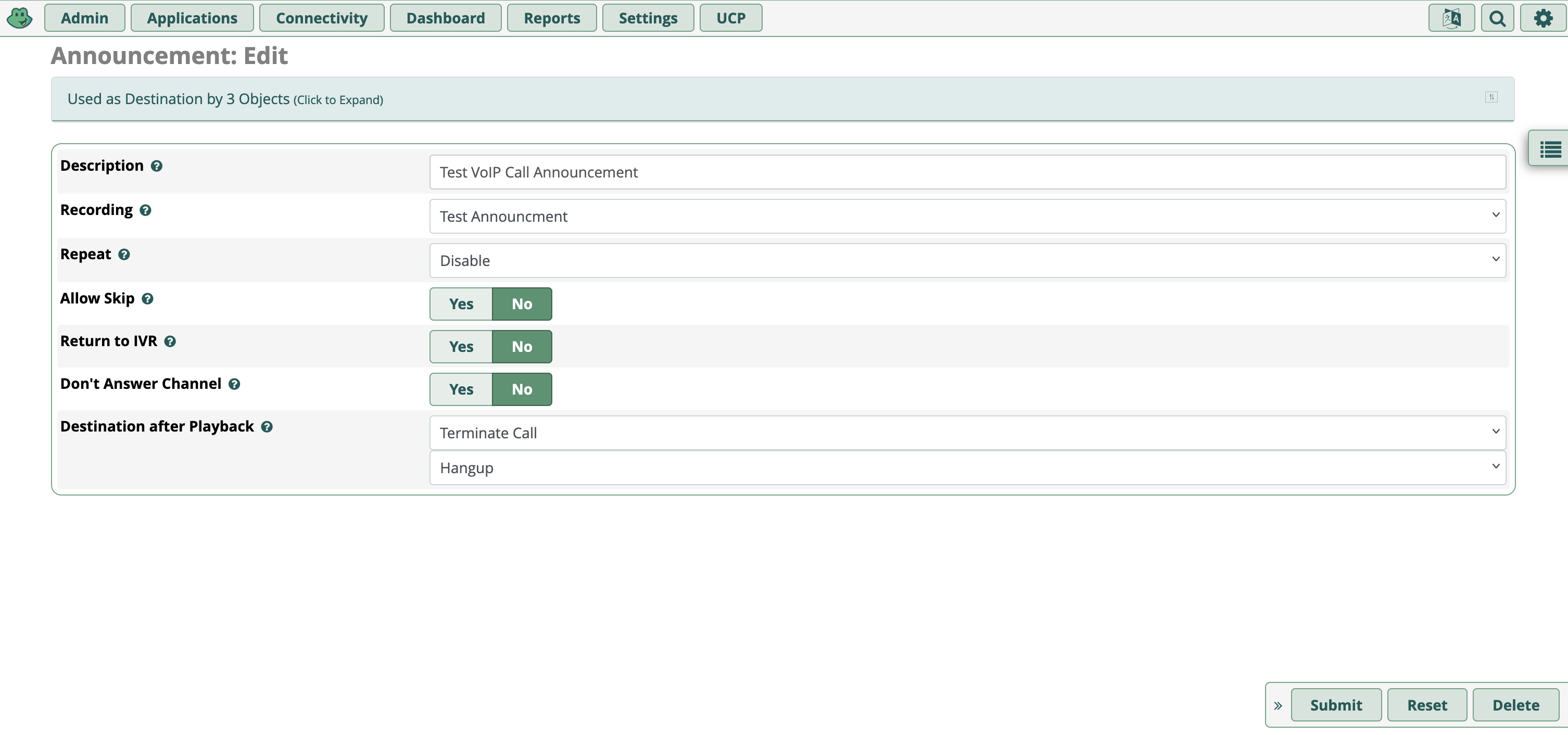 FreePBX Announcement Configuration Form