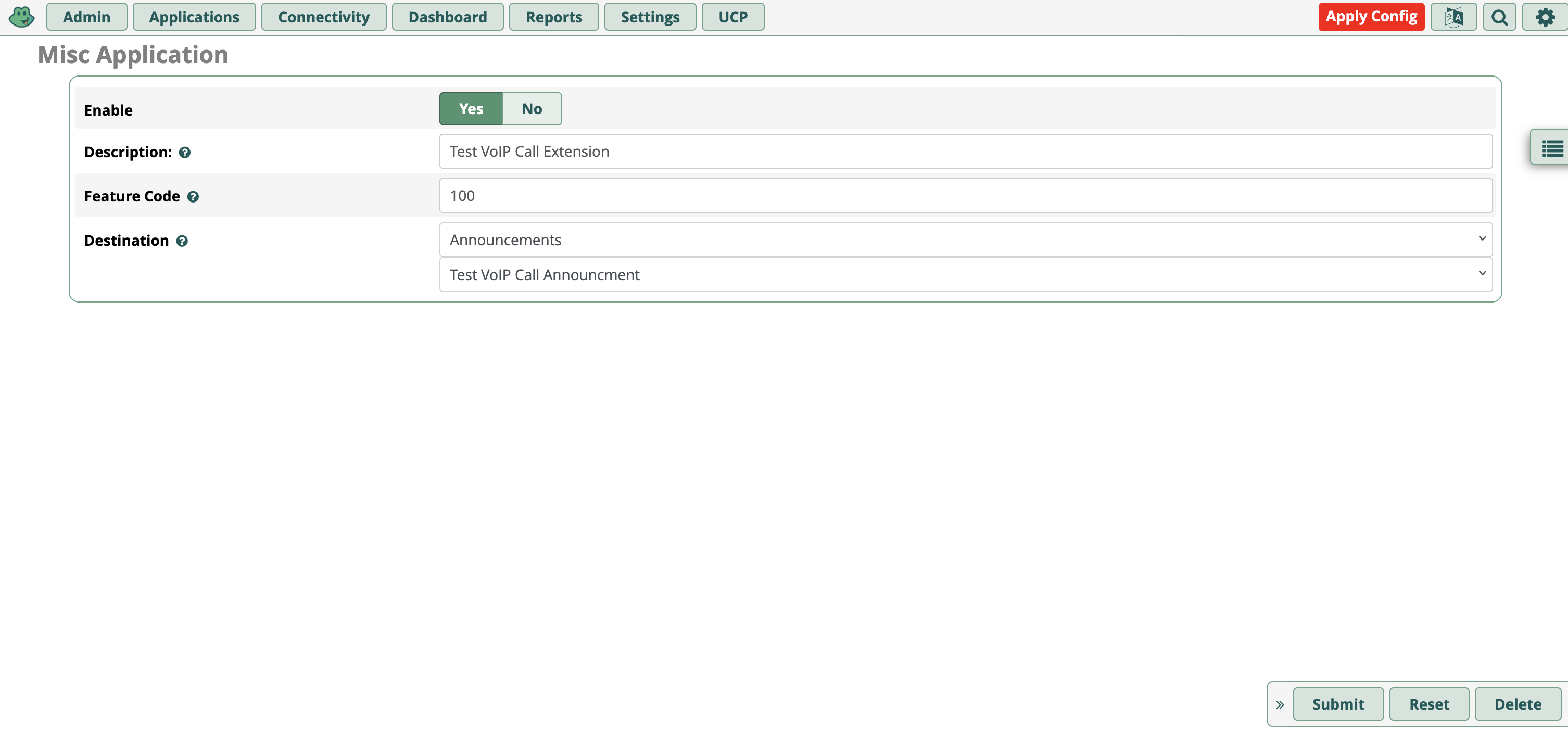 FreePBX Misc Application Configuration Form