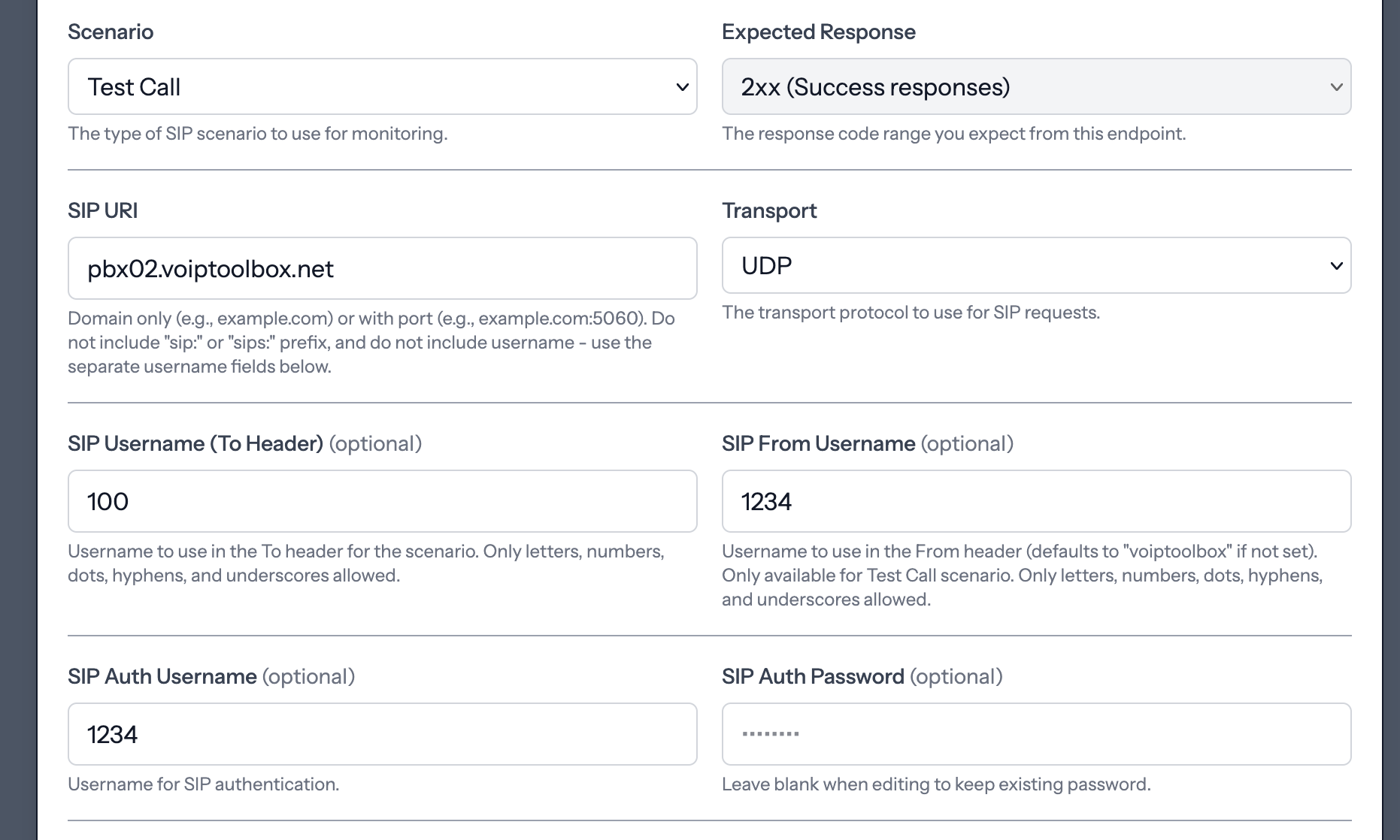 VoIP Toolbox Call Test Configuration Form