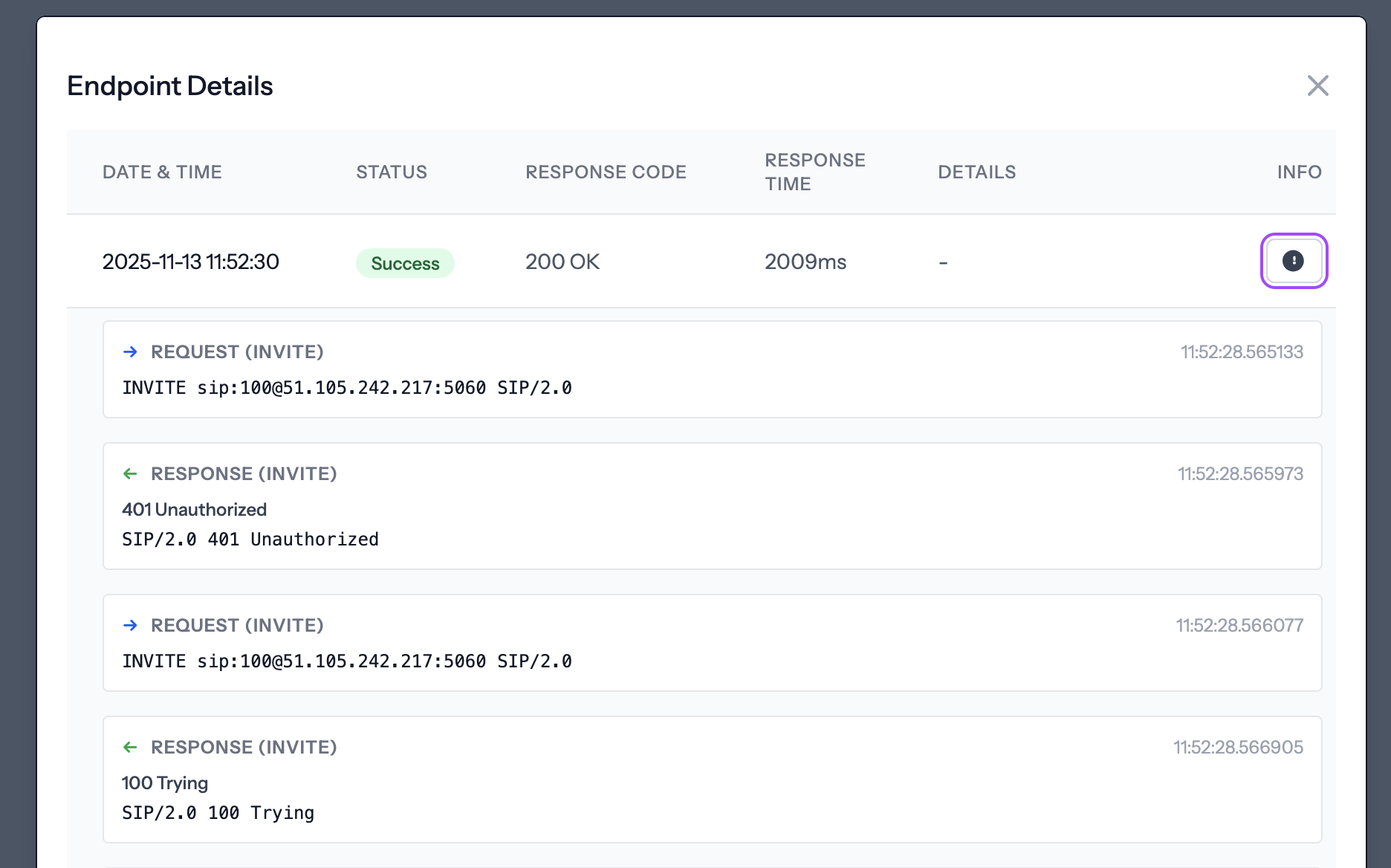 VoIP Toolbox Call Test SIP Flow Details